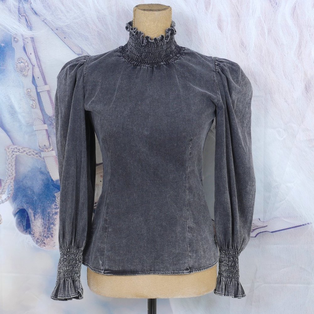 Zara "The 80's Collection" Black Acid Washed High Neck Puff Long Sleeve S XS Top